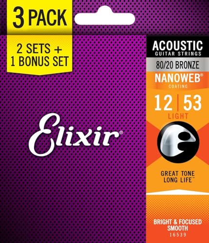 Elixir エリクサー アコースティックギター弦 2セット+1ボーナスセット NANOWEB 80/20ブロンズ Light .012-.053#16539 (11052 3個セット) 国内正規品