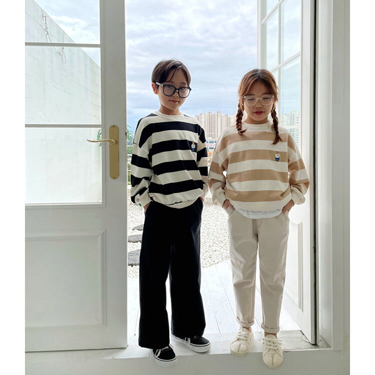 韓国子供服 トレーナー ボーダー キッズ スウェット 長袖 Tシャツ ロンT クマ刺し...