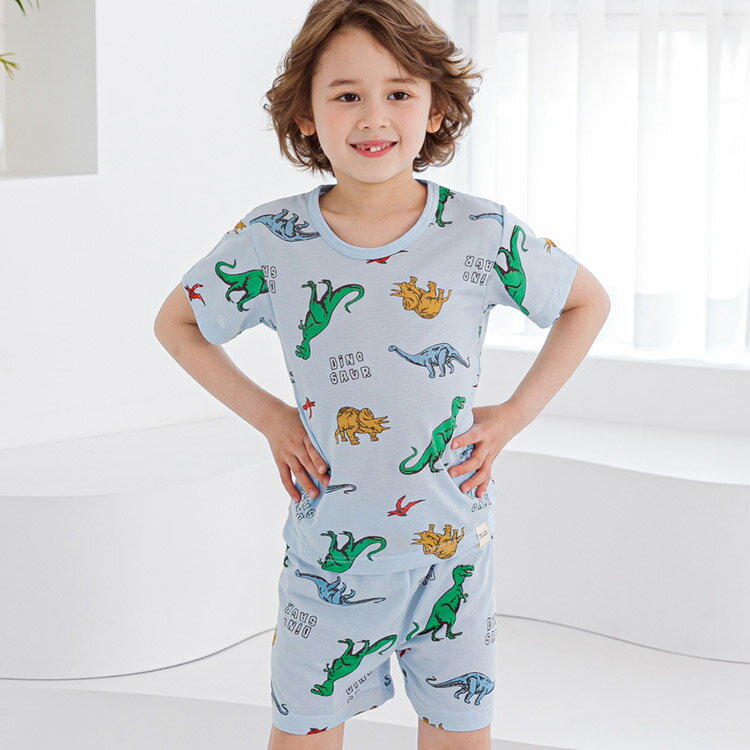 パジャマ キッズ 半袖 寝巻き ディノー ジャガード 上下セット ルームウェア 男の子 女の子 かわいい おしゃれ 半ズボン 90cm 100cm 110cm 120cm 130cm 140cm 下着 子供用 韓国 子供服 (1)