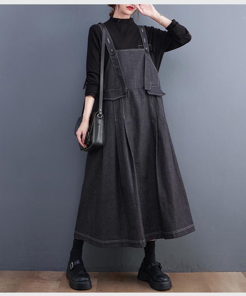 ジャンパースカート デニムワンピース レディース サロペット ノースリーブ ポケット ロングワンピース 春 秋 デニムワンピ オールインワン 体型カバー ゆったり ブラック おしゃれ 大人 カジュアル 通勤 通学 夏 送料無料