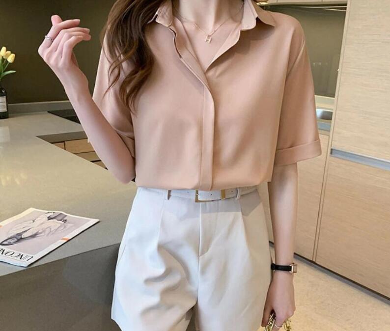 レディース 半袖 夏 ブラウス 女性 オフィスシャツ おしゃれ 可愛い シャツ 半袖 フォーマル ブラウス スーツ シャツ 女性 ビジネス オフィス OL 通勤 夏服 シャツ トップス 事務服 無地 仕事用 カジュアル 大人 オフィス カジュアル ホワイト/ブルー 海外通販 kokorohero-10000042 如の心 サンプル画像2