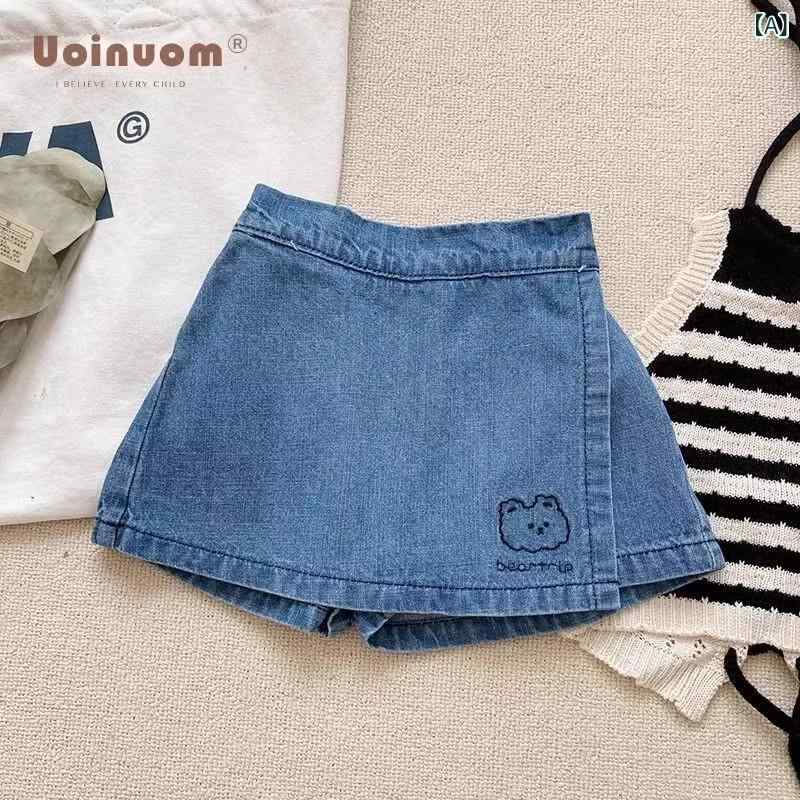 子供 用 デニムの キュロットの 新型 春夏の 女の子 韓国 洋風は ヒップの スカートの半 ズボンの カジュアル 子供服 のを 包みます。x2
