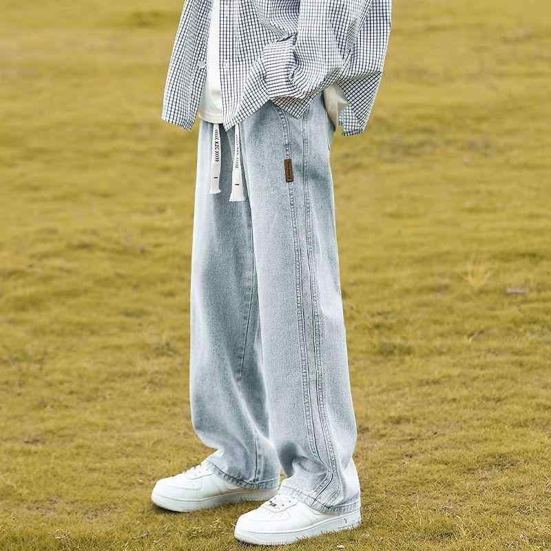 Pants - メンズ ワイドレッグ デニムパンツ ゆったり 伸縮ウエスト ライトカラー 春秋 ウォッシュ加工 コットン素材 カジュアル ストリートスタイル 日常使い コーディネート自在