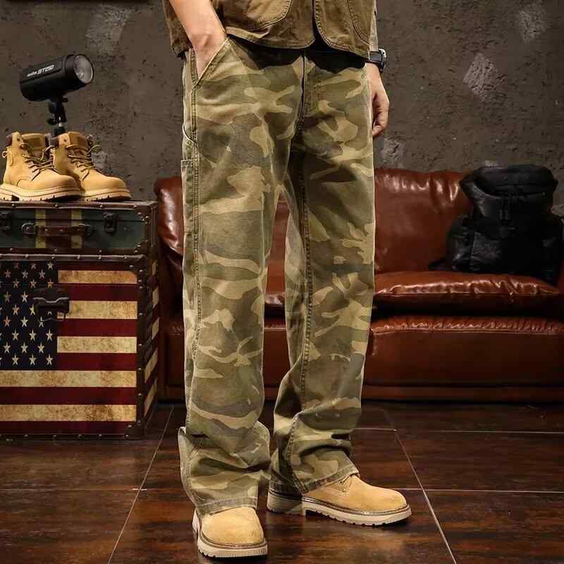 デニムパンツ メンズ 迷彩 ワークスタイル 春秋 カジュアル フィット ワイドレッグ ストレートレッグ ストリートファッション アウトド..