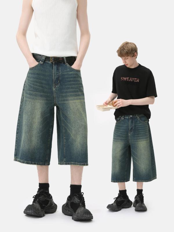 短パン メンズ 夏用 デニム ゆったり ストレート ワイドレッグ 七分丈 レトロ ワッシュド ブルー 合わせやすい カジュアル ストリート スタイル 軽量 通気性 良い 普段使い
