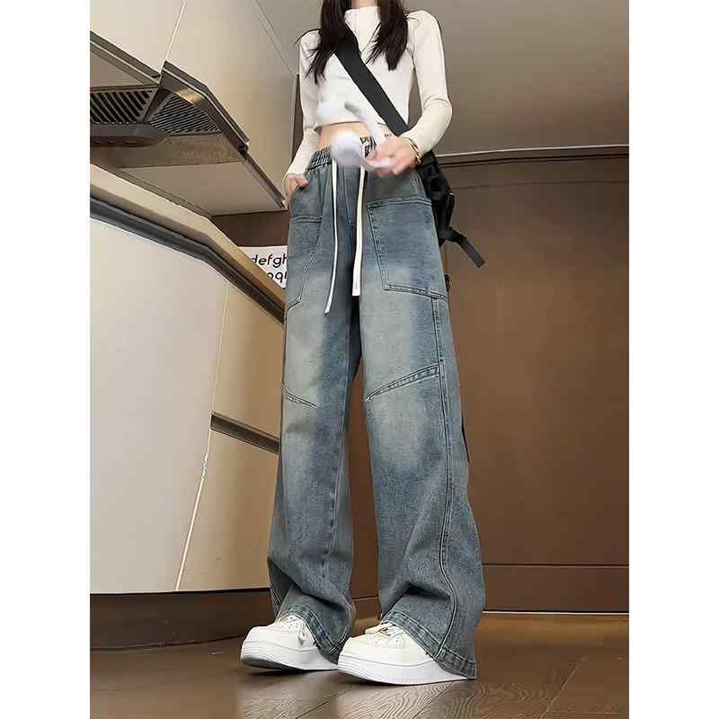 カーゴパンツ メンズ レディース アメリカンスタイル 大型ポケット ワイドレッグ 微フレア 伸縮ウエスト 小柄対応 フィット デニム素材..