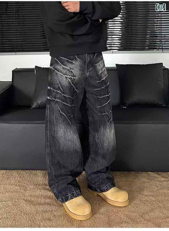 メンズ デニムパンツ アメリカン レトロ ウォッシュ加工 フィット ワイドレッグ 稲妻柄 ストリートファッション カジュアル デニム素材 ヴィンテージ風 ゆったりシルエット 日常使いの商品画像 3