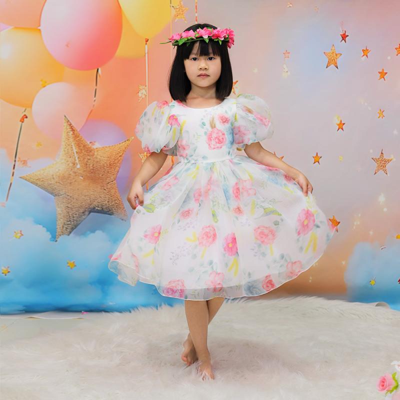 子供用 花柄 レース ふんわり ワンピース プリンセスドレス パフスリーブ ボリュームスカート 結婚式 パーティー フォーマル チュールドレス かわいい