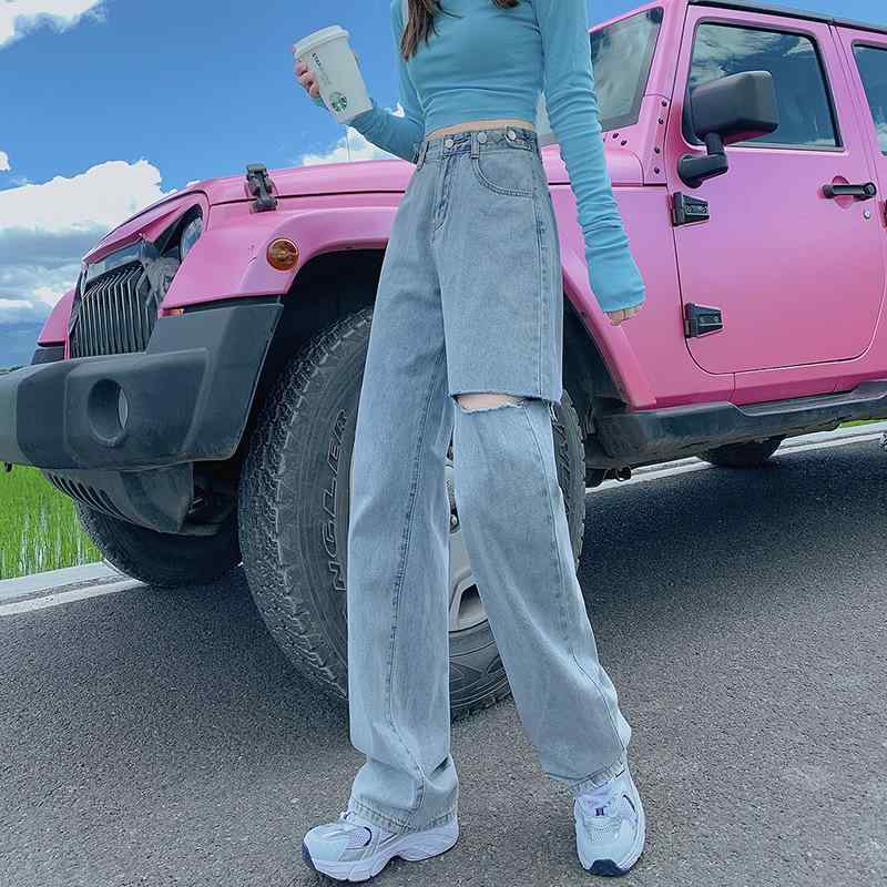 Rakuten - レディース ハイウエスト デニムパンツ ストレート ワイドレッグ 春秋 ペティート 落ち感 ロング丈 ゆったり 普段使い デニム素材 伸縮性