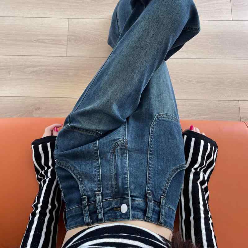レディース デニムパンツ ダークブルー ヴィンテージ ハイウエスト ワイドレッグ ストレート ウォッシュ加工 春秋 ロング丈 カジュアル ボトムス ストレッチ デニム素材