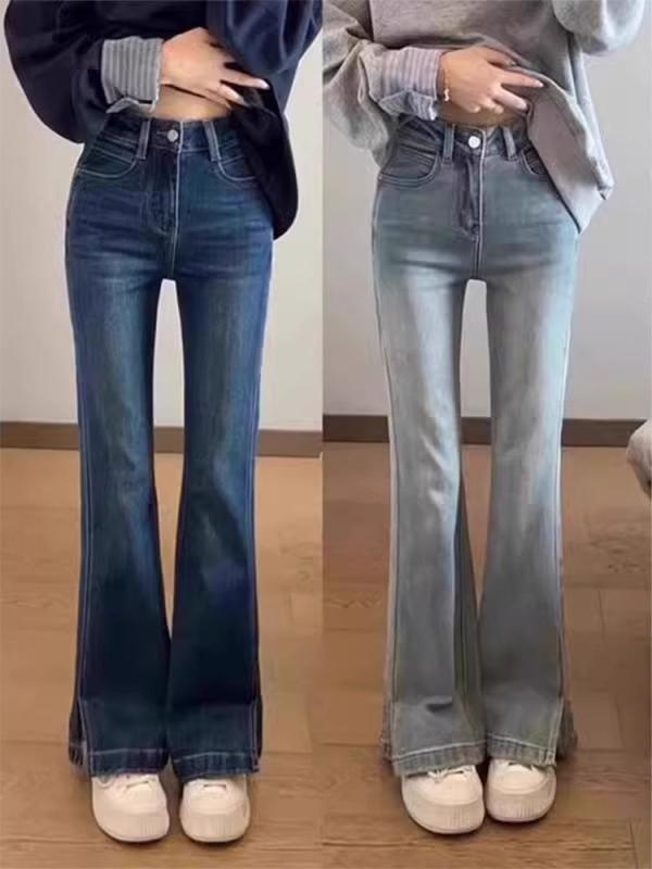 Rakuten - デニムパンツ 女性用 ハイウエスト ワイドレッグ フレア ストレート 大サイズ 大きめ サイズ 伸縮性 デニム素材 春秋 カジュアル スリット 普段使い