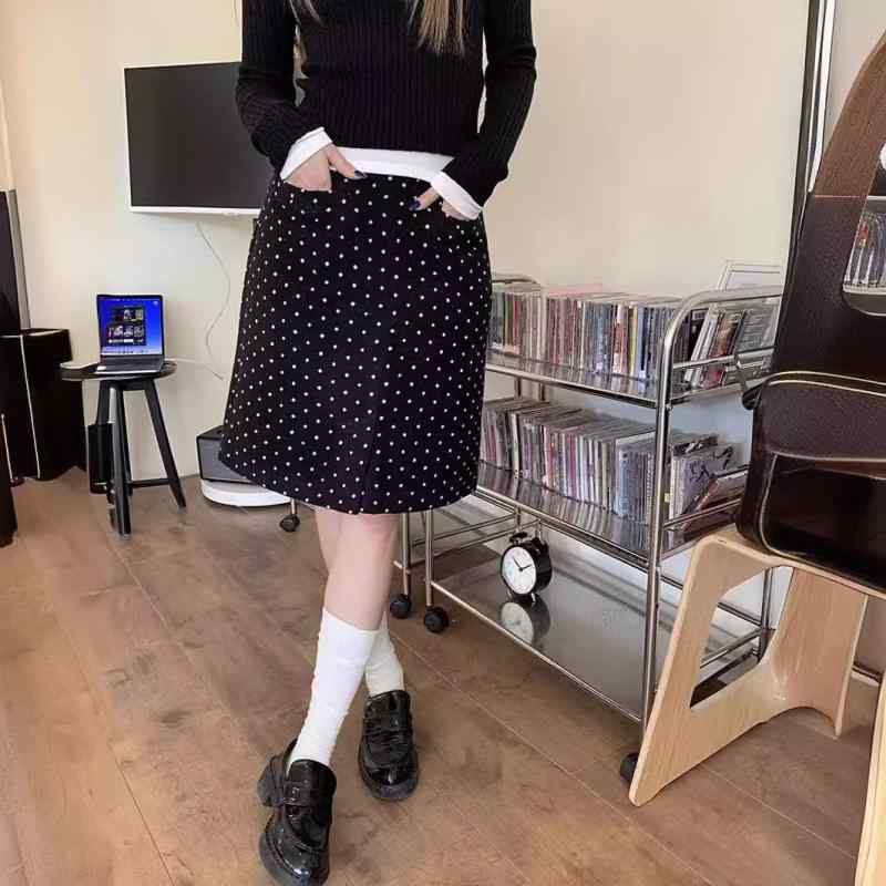 乐天商城 - スカート レディース 夏 レトロ ポルカドット Aライン ハイウエスト スリット 膝丈 ペンシル スリム 低身長対応 軽量 伸縮性 カジュアル 普段使い