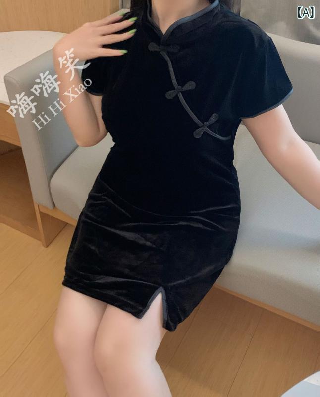 乐天商城 - レディース チャイナドレス パジャマ セット ブラック セクシー ヒップハグ ワンピース 大きめサイズ ゆったり クラシック 中国風 ルームウェア リラックス 寝間着 ソフト素材