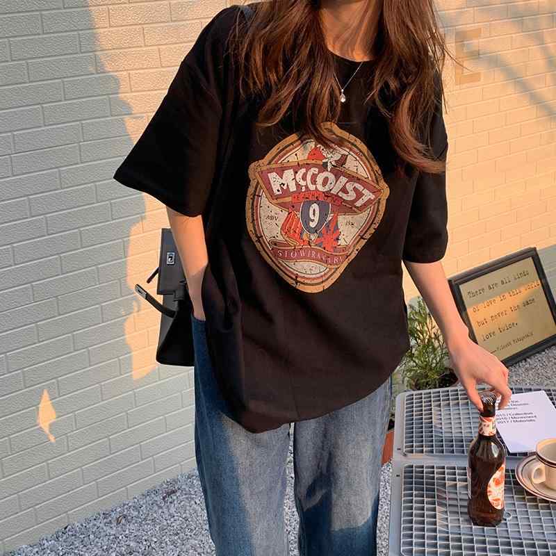 Rakuten - Tシャツ 女性用 短袖 綿素材 春夏 ゆったり 大サイズ 日系古着風 カジュアル トップス 個性派 フィット コットン ビッグシルエット 普段使い