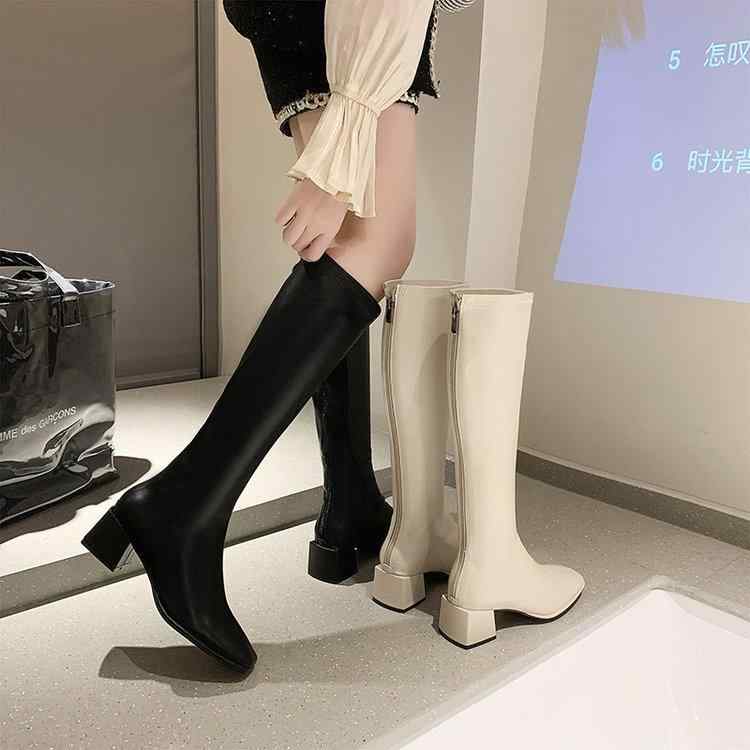 女性用 ロングブーツ スクエアトゥ チャンキーヒール 膝下丈 ホワイト 春秋 低身長対応 防水加工 伸縮性 普段使い 軽量 秋冬 スタイリッシュ サイドジップ デイリーシューズ