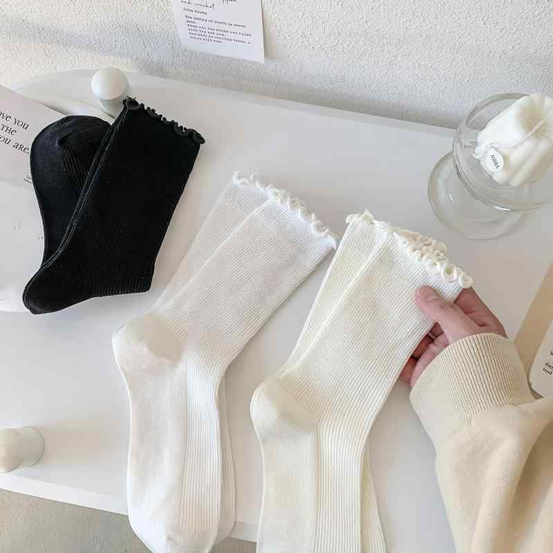 レディース 夏用 中筒 コットン 靴下 ブラック フリルエッジ JKスタイル 薄手 ローファーシューズ セット 学生服 コーデ 軽量 吸湿速乾 普段使い