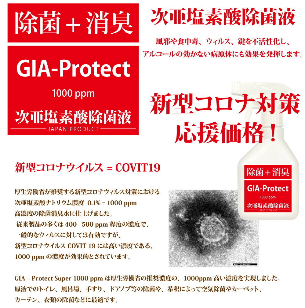 あす楽 ・ 即納 次亜塩素酸 GIA-Protect ウィルス 除菌 ・ 消臭 水 濃度 1000ppm 10L 次亜塩素酸除菌水 kokoroshop　楽天　マスク　在庫あり