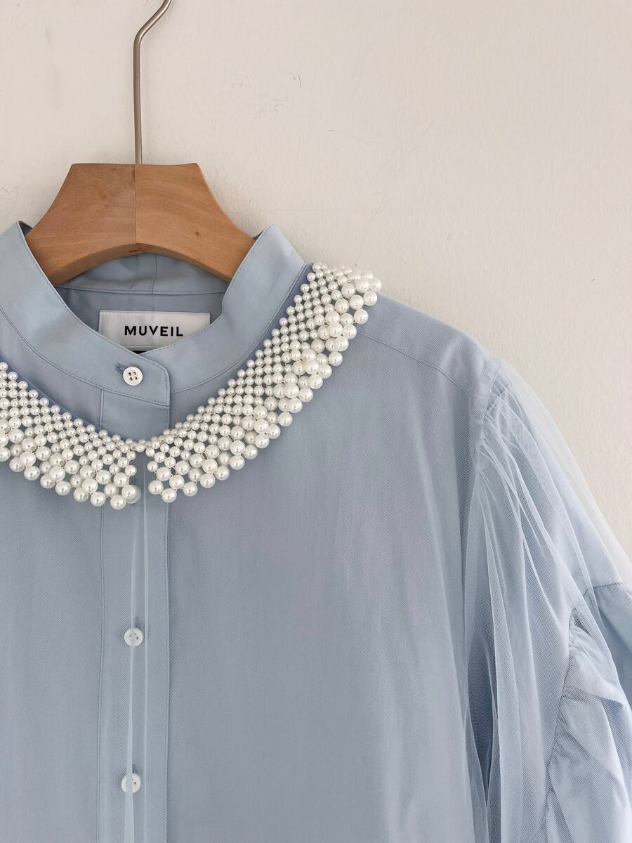 【MUVEIL】 チュールシャツワンピース MA233FA005 ミュベール White Blue 36 38 40 シャツドレス オケージョン