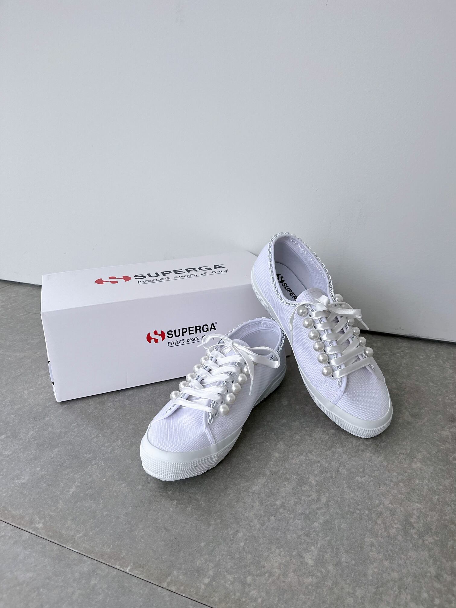 【MUVEIL】 SUPERGAコラボSHOES ミュベール スニーカー シューズ スペルガ パール チェーン サテンリボン White MA241ESH701 KOKO