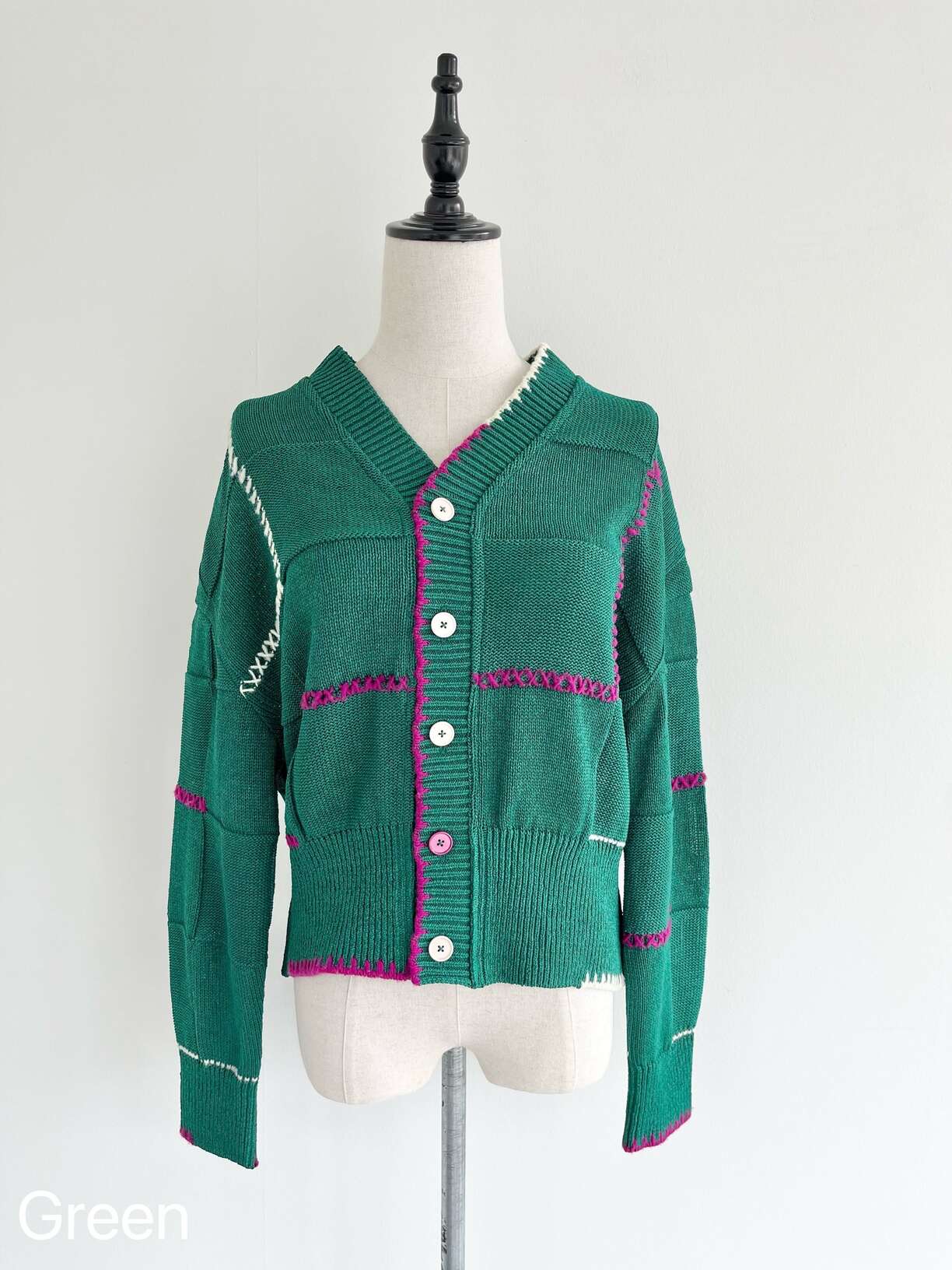 【COOHEM】 STITCH WORK KNIT CARDIGAN コーヘン ステッチ ワーク ニット カーディガン Vネック 羽織り 和紙テープ バイカラー 米冨 Green White 11-224-006 KOKO