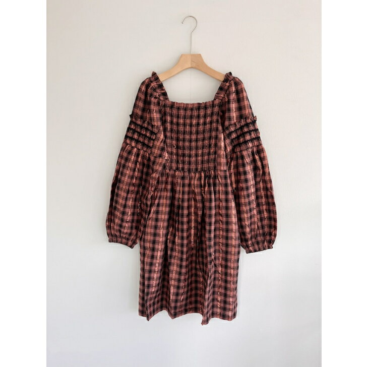  Cotton Check Shirring Midi Dress コットンチェックシャーリング ミディドレス ワンピース リゾート Brown 020432SF1 KOKO