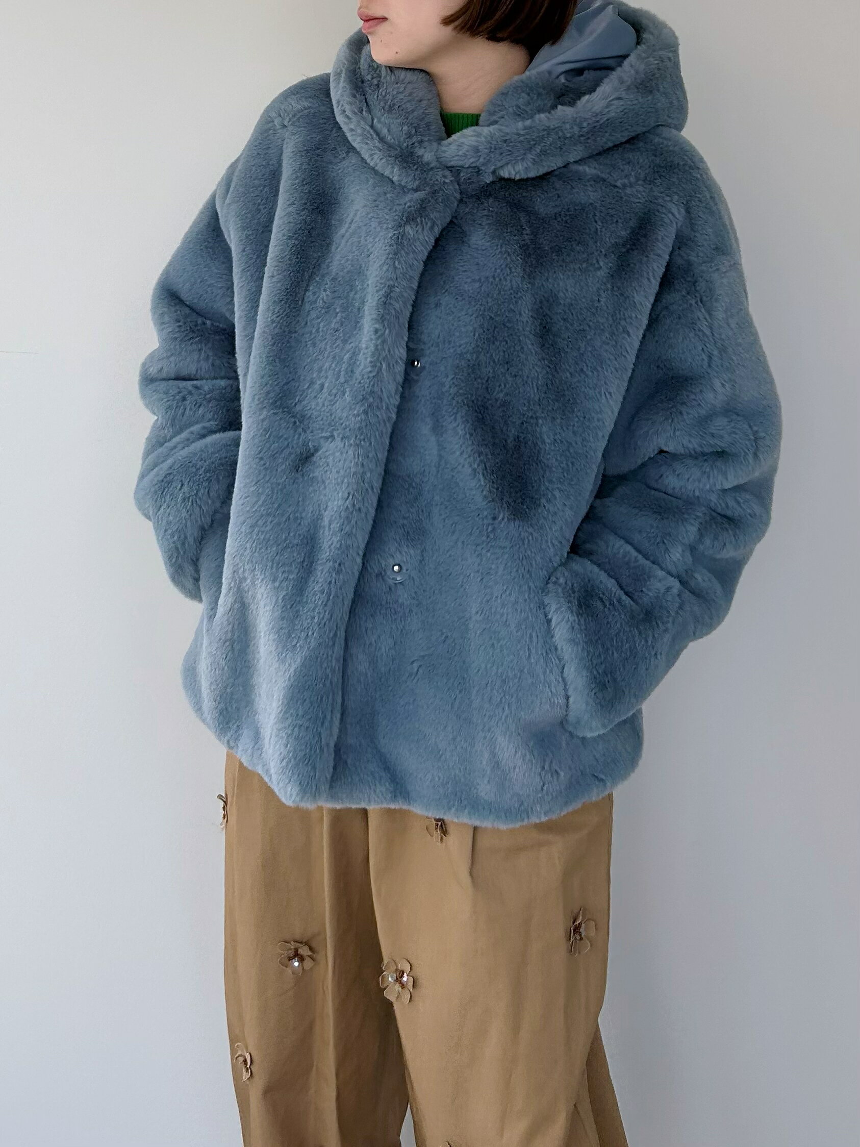 【JAKKE】 FAUX FAR COAT WITH HOOD ジャッキー ファーコート フーディー ショートコート アウター Mushroom Blue J1804 KOKO