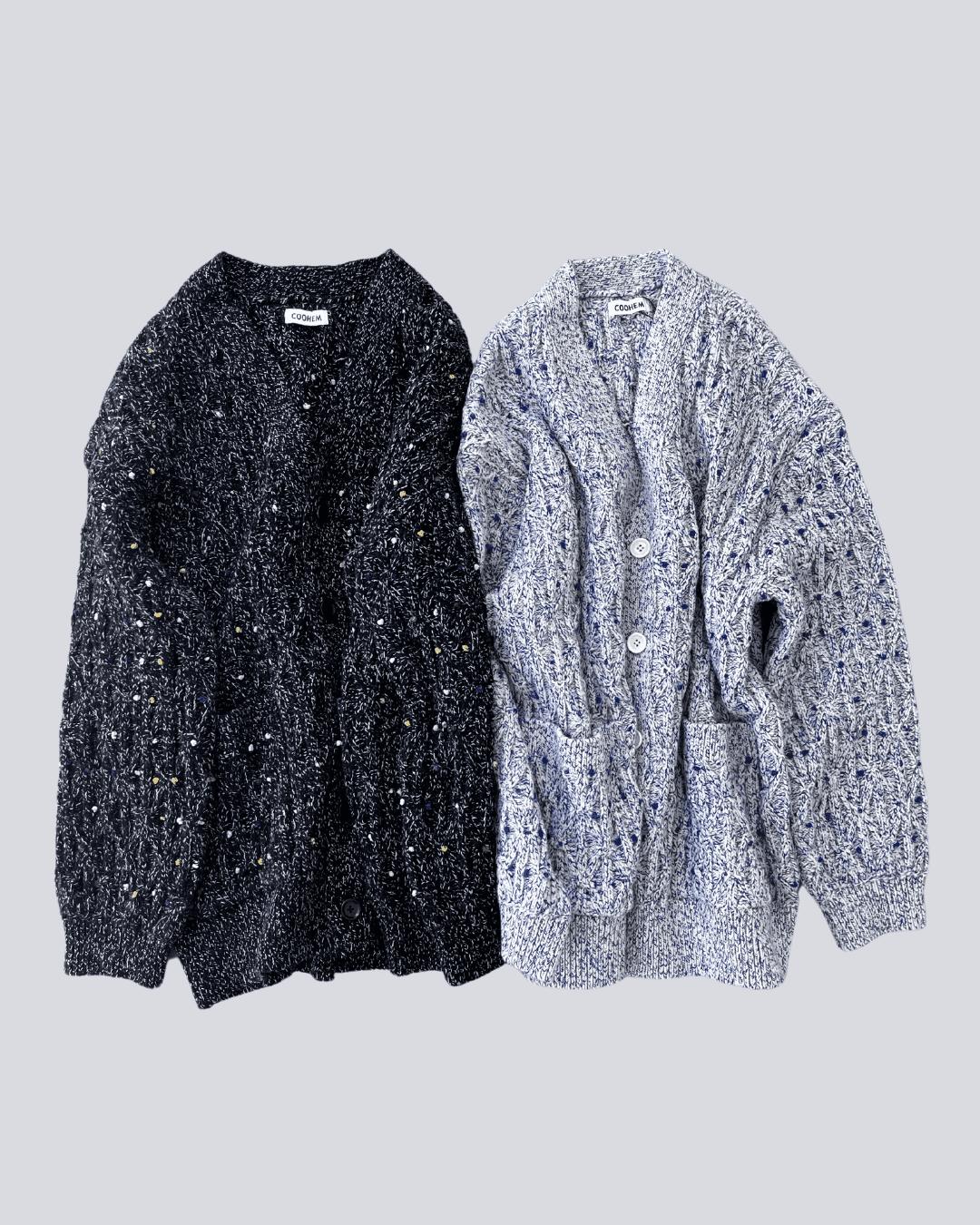 【COOHEM】 POM-POM MELANGE KNIT CARDIGAN コーヘン ポンポン メランジ ニット カーディガン トップス メンズライク パッチポケット オーセンティック 米冨 Black Blue 11-224-019 KOKO