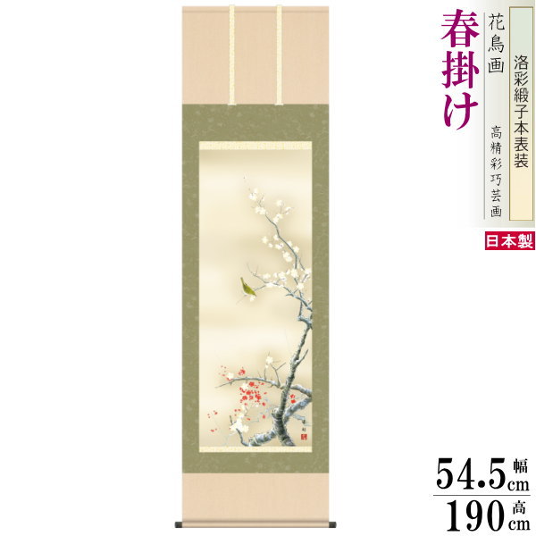 掛け軸 花鳥画 春掛け 園田峰彩 紅白梅に鶯 洛彩緞子本表装 尺5 桐箱入り 1個 日本製 送料無料 名画複製 掛軸 春飾り 日本画 和風 上品 梅の花 お花 ...