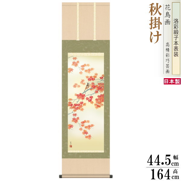 掛け軸 花鳥画 秋掛け 田村竹世 紅葉に小鳥 洛彩緞子本表装 尺3×1個 日本製 送料無料 名画複製 掛軸 秋飾り 秋の演出 日本の秋 秋の風景 もみじ とり ...