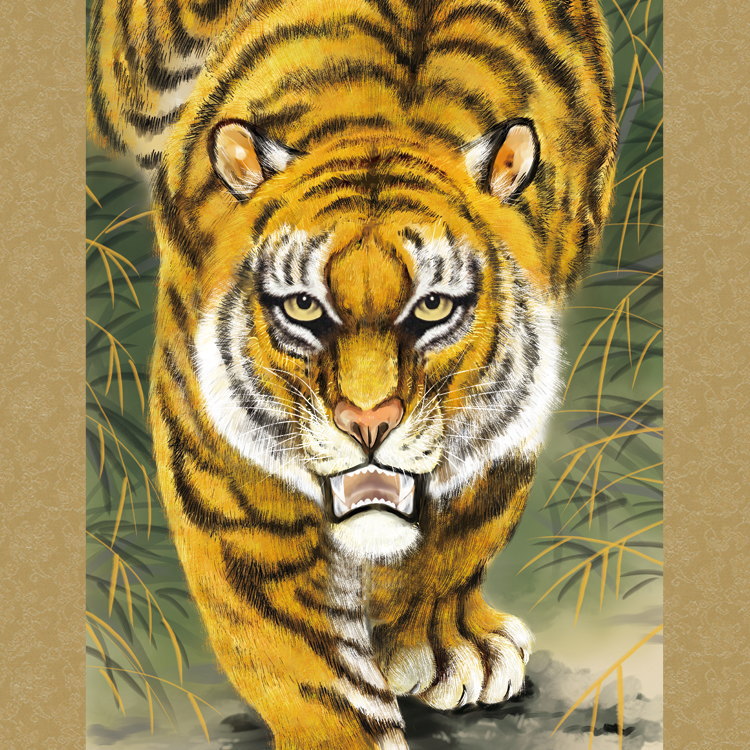 掛け軸 厄除け 縁起物 山村観峰 掛軸 猛虎 洛彩緞子本表装 尺5 桐箱入 1個 日本製 送料無料 名画複製 縁起画 慶事飾り リアル こわい 虎の絵 トラ 家...