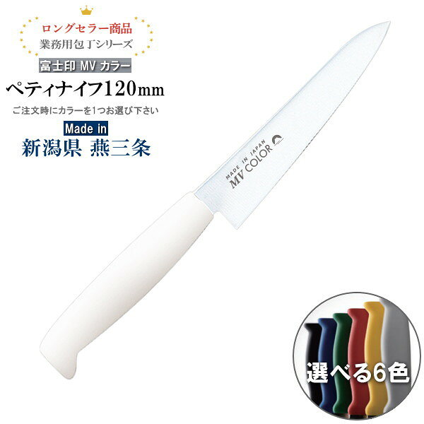 包丁 小型 ステンレス 送料無料 富士印MVカラーハンドル ペティナイフ 120mm1本 両刃仕様 選択 カラーを1つお選び下さい 日本製 燕三条 よく切れる 切れ味抜群 業務用 家庭用 高級 庖丁 小さい包丁 フルーツナイフ 皮むき 果物ナイフ 右利き 左利き 母 贈り物