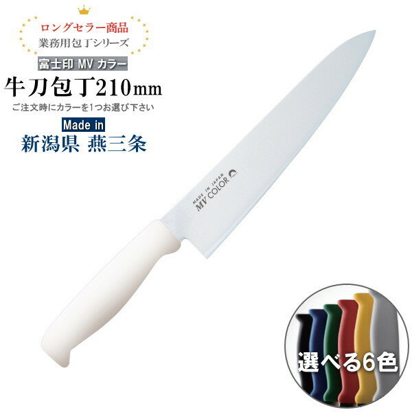 包丁 ステンレス 送料無料 富士印MVカラーハンドル 牛刀 210mm 1本 両刃仕様 選択 カラーを1つお選び下さい 日本製 燕三条製 よく切れる 切れ味抜群 牛刀包丁 万能包丁 業務用 高級 肉用 野菜用 魚用 シェフナイフ 右利き 左利き 左右兼用 HACCP対応 衛生的