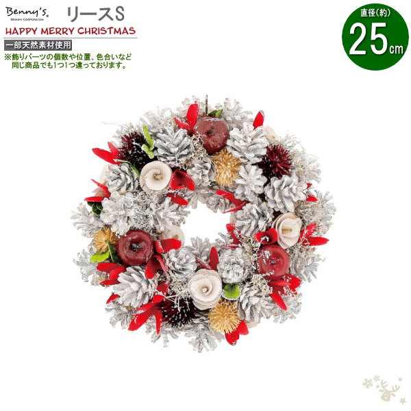 クリスマスリース Bennys リース 銀ラメ付き S 直径約25cm 屋内用 クリスマス 飾り 壁掛け きれい 華やか クリスマス雑貨 北欧 おしゃれ 玄関 入口 扉 戸 玄関飾り 装飾 演出 オブジェ 雑貨 グッズ 天然素材 松ぼっくり 使用 11月 12月 季節飾り 即発対応