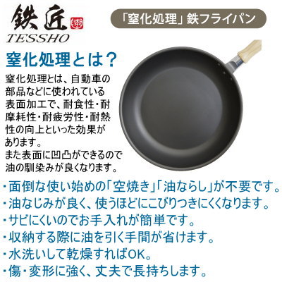 フライパン IH対応 日本製 燕三条製TESSHO フライパン 26cm鉄製 業務用 家庭用 IH電磁調理器対応 ガス火対応 ガス火OK 窒化処理加工 さびにくい お手入れ簡単 スピニング加工 軽量化 空焼き必要なし 油ならし必要なし 万能鍋 鍋 調理器具 調理道具 鉄匠 kokouki-10034194 雑貨屋 ココウキ サンプル画像2
