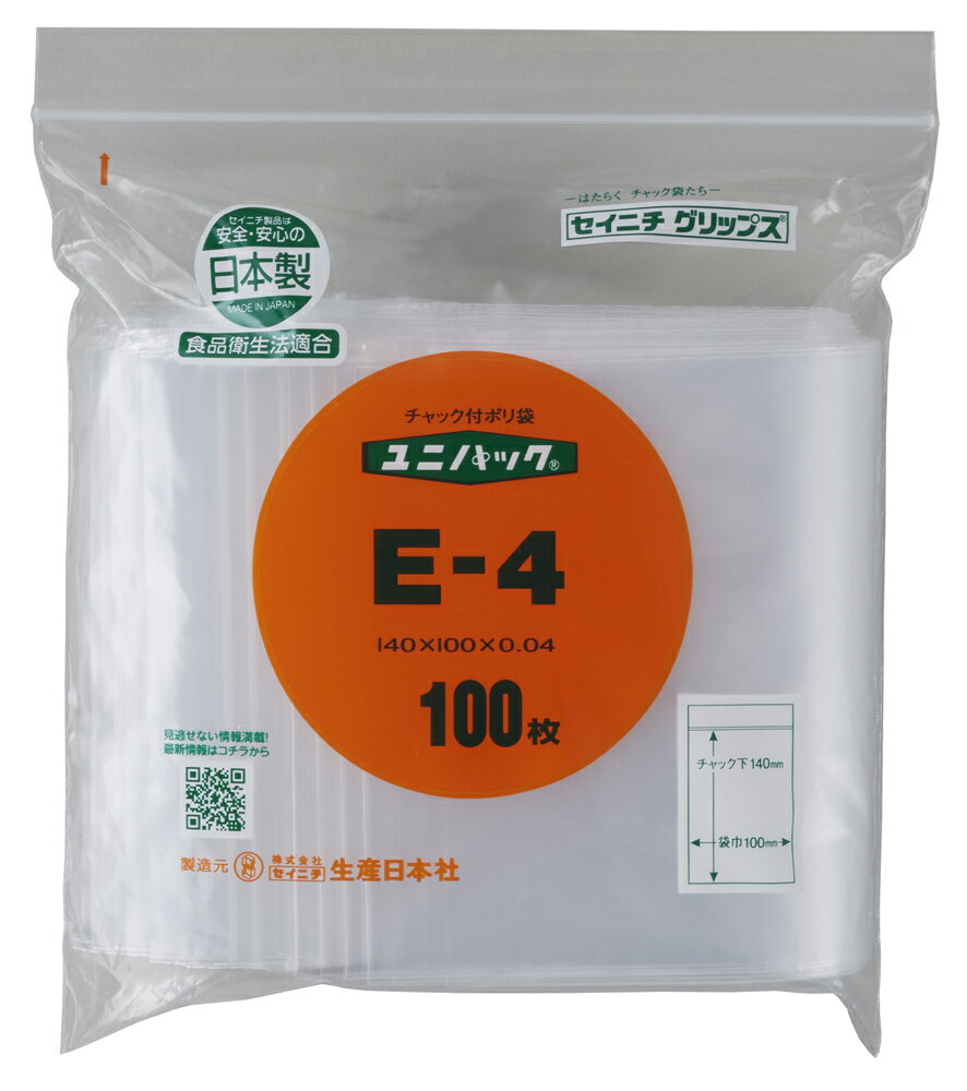 品番E-4製品サイズ(mm) チャック下×袋巾×厚み140×100×0.04入数(枚)100概算重量(g/枚)1.37材質ポリエチレン(PE)ユニパック E-4 140×100mm 0.04mm厚 （100枚入)小分け袋としてサイズ目安※本商品は1番右の商品になります。他サイズもご用意があります。特長・ワンタッチで密閉できるチャック付ポリ袋 ・食品衛生法適合 ・耐冷温度：-30度取り扱い上の注意・突起物のあるものを入れると、材質上破れることがあります ・電子レンジ・オーブンでは、ご使用できません ・可燃物ですので、火のそばには置かないでください他サイズなどはこちらでお探しいただけます 関連商品はこちらユニパック E-8 140×100mm 0.08mm厚 （1...646円ユニパック MARK-E 140×100mm 0.04mm厚 ...599円ユニパックMARK-8E 140×100mm 0.08mm厚...798円ユニパック A-4 70×50mm 0.04mm厚 （100...238円ユニパック B-4 85×60mm 0.04mm厚 （100...257円ユニパック C-4 100×70mm 0.04mm厚 （10...276円ユニパック D-4 120×85mm 0.04mm厚 （10...295円ユニパック F-4 170×120mm 0.04mm厚 （1...475円ユニパック G-4 200×140mm 0.04mm厚 （1...599円ユニパック H-4 240×170mm 0.04mm厚 （1...817円