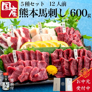 馬刺し 詰め合わせ 国産 肉 熊本 馬 セット 送料無料 御中元 600g 5種 12人前 誕生日 プレゼント ギフト 贈り物 お祝い 内祝い お返し 新築祝い おつまみ たてがみ 上赤身 霜降り 大トロ 産直 直送 食べ比べ 10人前以上 馬刺し熊本 古賀牧場 馬刺しお中元 残暑見舞い お礼