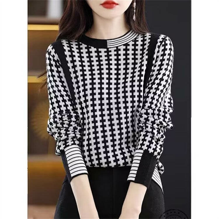 ニットトップス レディース春秋 40代 長袖 ニットトップス 幾何柄 ラウンネック セーター ショット丈ニ..