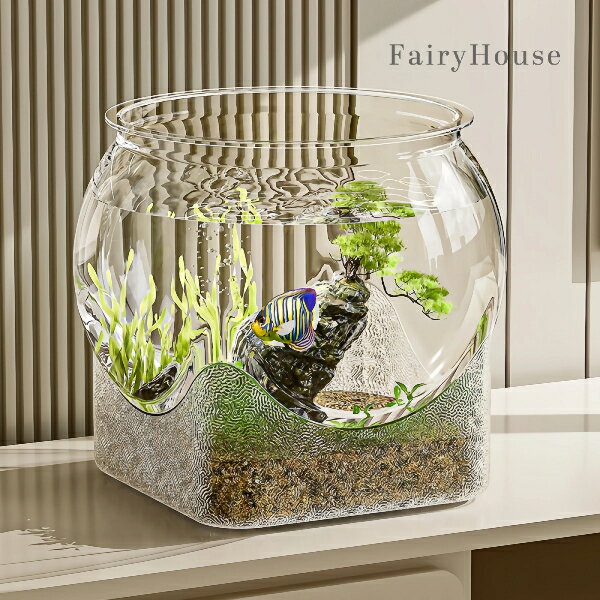 【無料送料】小型丸型水槽 - 割れないプラスチック製アクアリウム、模造ガラストップ付き、耐久性のあ..