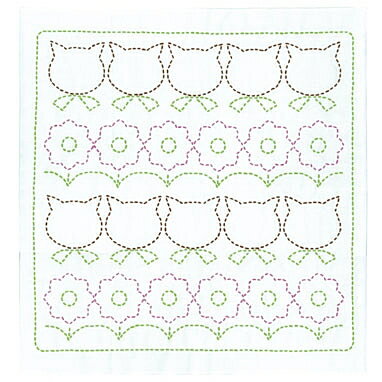 【オリムパスOLYMPUS】　刺し子「ポップ柄の花ふきんキット」　SK-370　ねことお花（白）【取寄せ品】..