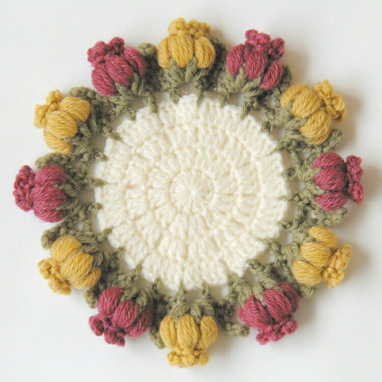 『ハマナカ』アメリーで編む お花のブーケコースター (ボルドー・からしの花)H320-003-087　編み図付き　かぎ針　編み物キット 毛糸■【C4-11-125-1】のサムネイル