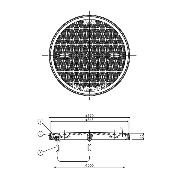 中部コーポレーション 軽荷重用 Φ500 ハイグリップタイプ マンホール カバー 水封形 鎖付 CMHR-2-500N-b 3