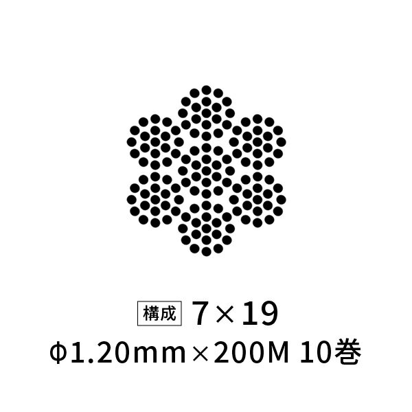 国産ステンレスワイヤーロープ 極細 Φ1.20mm 【7×19】 200M×10巻