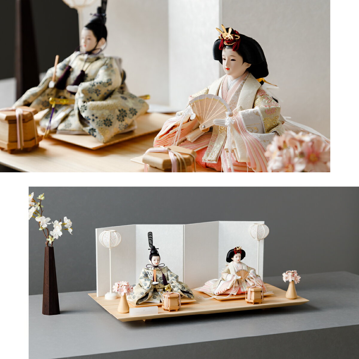 雛人形 おしゃれ モダン 親王飾り お雛様 雛 高級 PREFER CLASSIC ひな人形 [檜台 白屏風 平飾り お道具付 和桜 貝桶ナチュラル 選べる雪洞2種類 油灯 雪洞 人形小サイズ 選べる金襴衣裳5種類 星欄 奏水 緑桃 羅未 桜央] 最新 今どき
