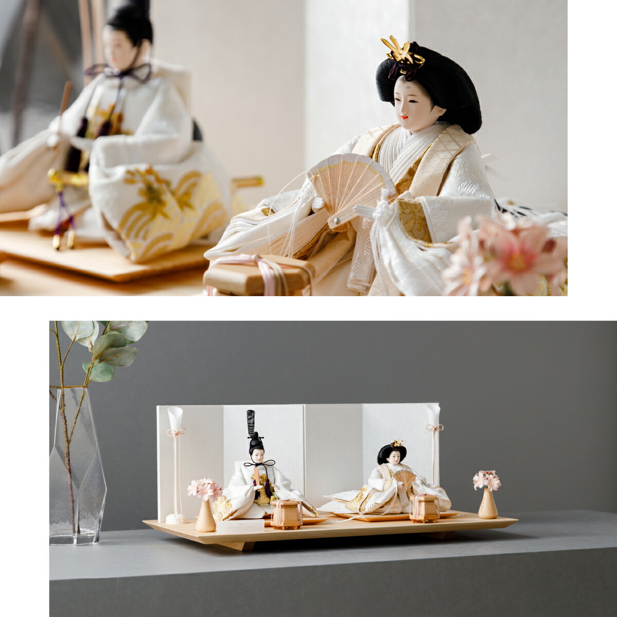 雛人形 おしゃれ モダン インテリア 親王飾り お雛様 雛 高級 PREFER CLASSIC ひな人形 [檜台 白屏風 平飾り お道具付 和桜 貝桶ナチュラル 油灯 人形小サイズ 選べる金襴人絹衣裳4種類 煌咲 帆風 白帆 伯洋] 最新 今どき