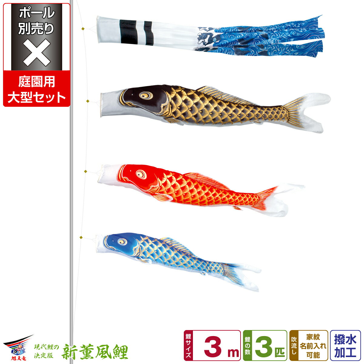 庭園用 こいのぼり 鯉のぼり 旭天竜 天に昇る龍の勇姿 新薫風 3m 6点(吹流し+鯉3匹+矢車+ロープ)/庭園大型セット【ポール 別売】
