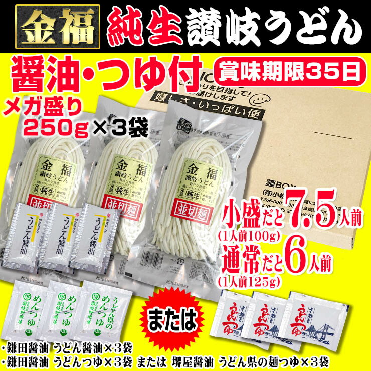 今だけ！ポイント20倍 【1000円ポッキリ】 送料無料 金福 純生 讃岐うどん 750g 醤油・つゆ付 個包装タイプ 250g×3袋 7.5人前 ネコポス ぽっきり 並切麺