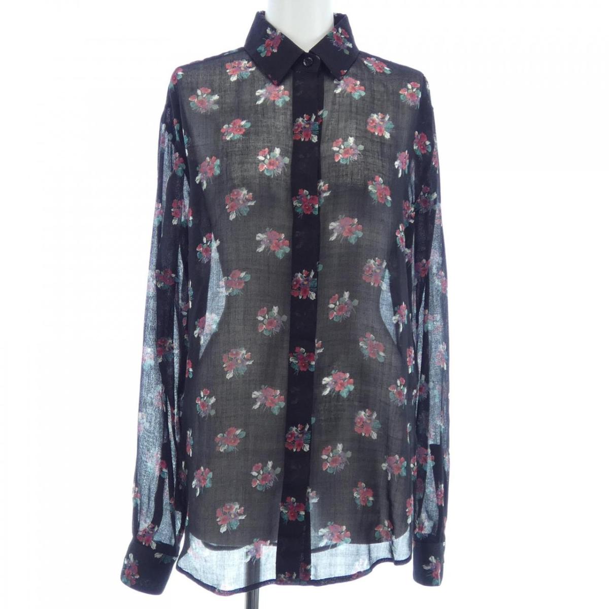 ヴィンテージ イヴサンローラン 総柄 ボウタイ ブラウス スリット L相当 訳ありYSL イヴサンローラン ボウタイブラウス 濃紺