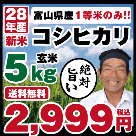 【28年産新米】1等米 コシヒカリ 富山県産生産者限定米【送料無料】5k（5kg×1）