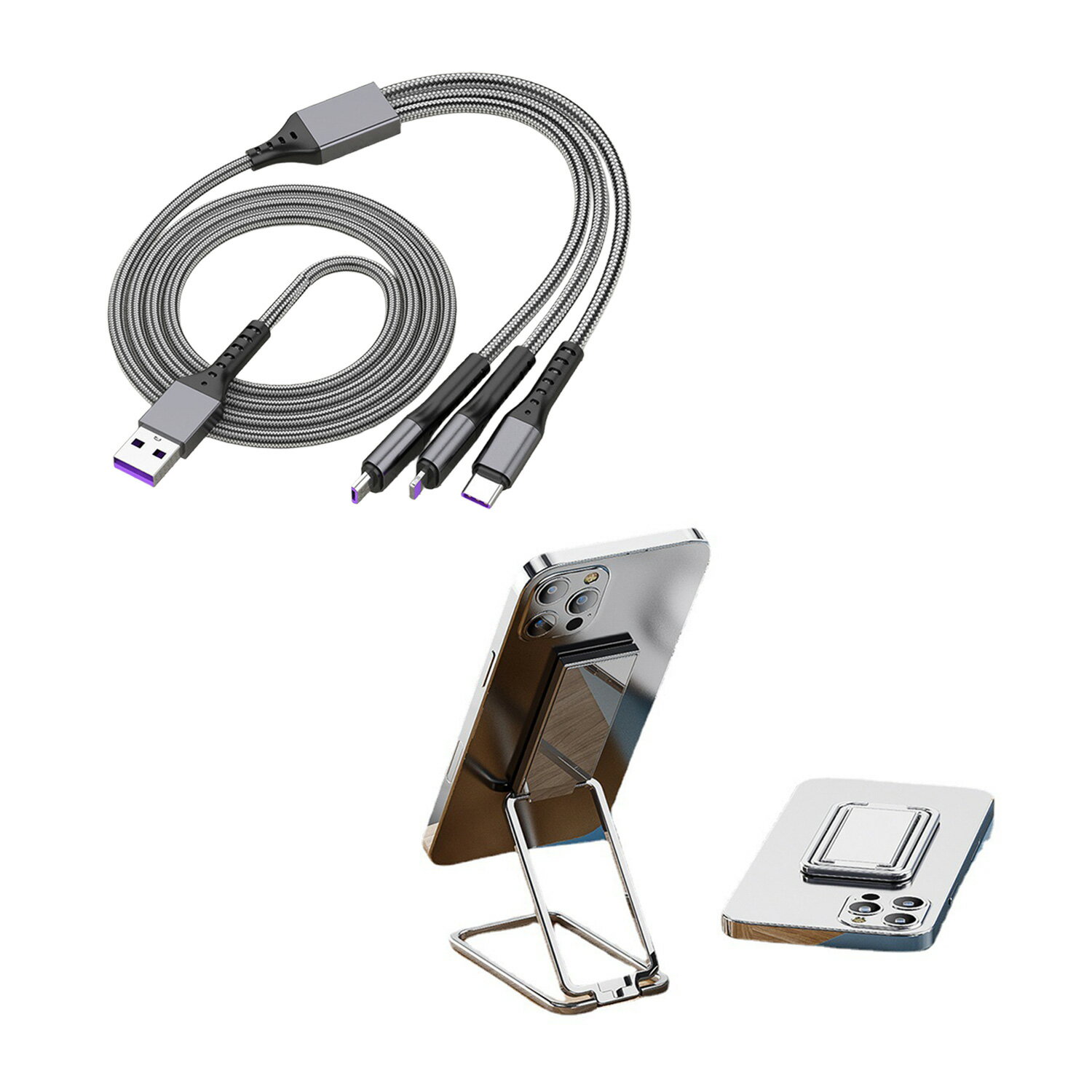 充電ケーブル 3in1 急速充電 アイフォン アンドロイド スマホ Type-C Micro USB スマホスタンド 折り畳み 伸縮 角度調整 自由自在