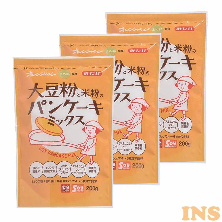 ■商品サイズ（cm）幅約19×奥行約13×高さ約3■商品重量200g×3袋■原材料うるち米(日本)、グラニュー糖、大豆(日本)(遺伝子組換えでない)／ベーキングパウダー■成分（100gあたり）エネルギー：380kcal、たんぱく質：11.1g、脂質：4.9g、炭水化物：72.0g、食塩相当量：0g■原産国日本「家族に食べさせたいパンケーキ」がテーマの優しい甘みが特徴のミックス粉です。 オレンジページまめ部さんとのコラボレーション商品。国産米、国産大豆使用、小麦グルテンフリー、アルミニウムフリー ベーキングパウダー使用、無着色、無香料。[検索用：米粉 大豆粉 パンケーキミックス ホットケーキミックス グルテンフリー 4953980976994] あす楽に関するご案内 あす楽対象商品の場合ご注文かご近くにあす楽マークが表示されます。 対象地域など詳細は注文かご近くの【配送方法と送料・あす楽利用条件を見る】をご確認ください。 あす楽可能な支払方法は【クレジットカード、代金引換、全額ポイント支払い】のみとなります。 下記の場合はあす楽対象外となります。 ご注文時備考欄にご記入がある場合、 郵便番号や住所に誤りがある場合、 時間指定がある場合、 決済処理にお時間を頂戴する場合、 15点以上ご購入いただいた場合、 あす楽対象外の商品とご一緒にご注文いただいた場合